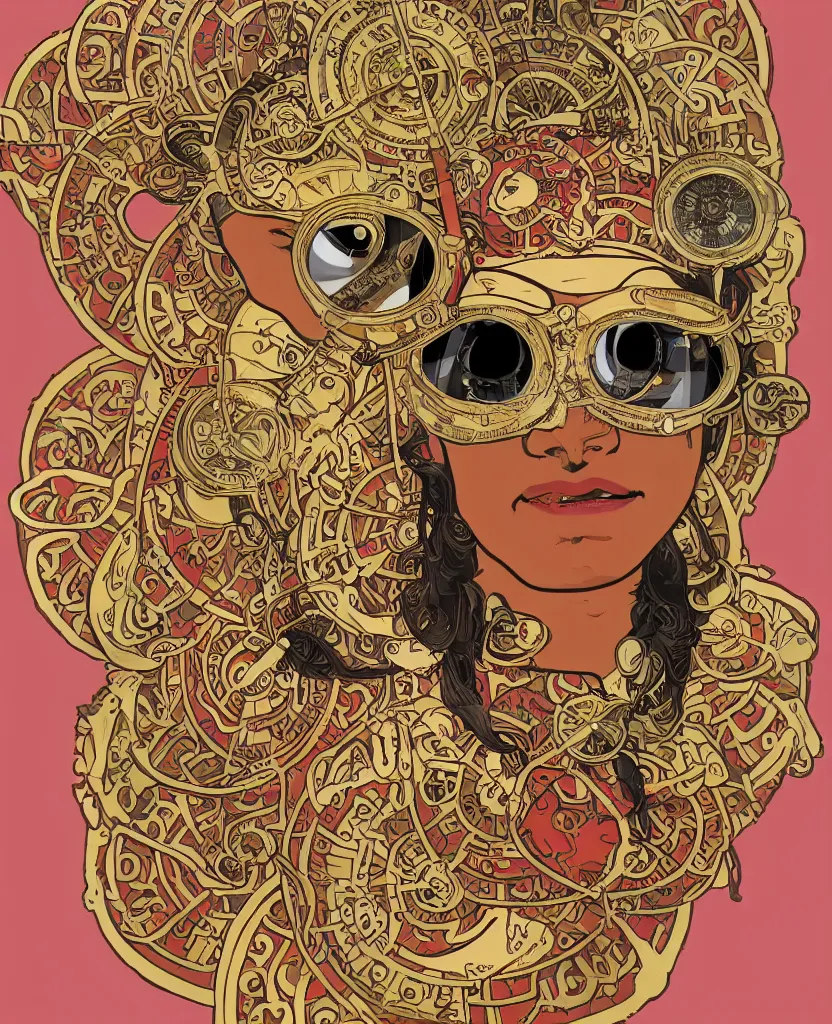 Prompt: face portrait of a kathakali dancer with traditional makeup wearing steampunk goggles, art by alphonse mucha, sticker, one head isolated on white background, one single head, closeup portrait sticker, colorful, illustration, highly detailed, smooth and clean vector curves, no jagged lines, vector art, marvel comics style, artstation, smooth