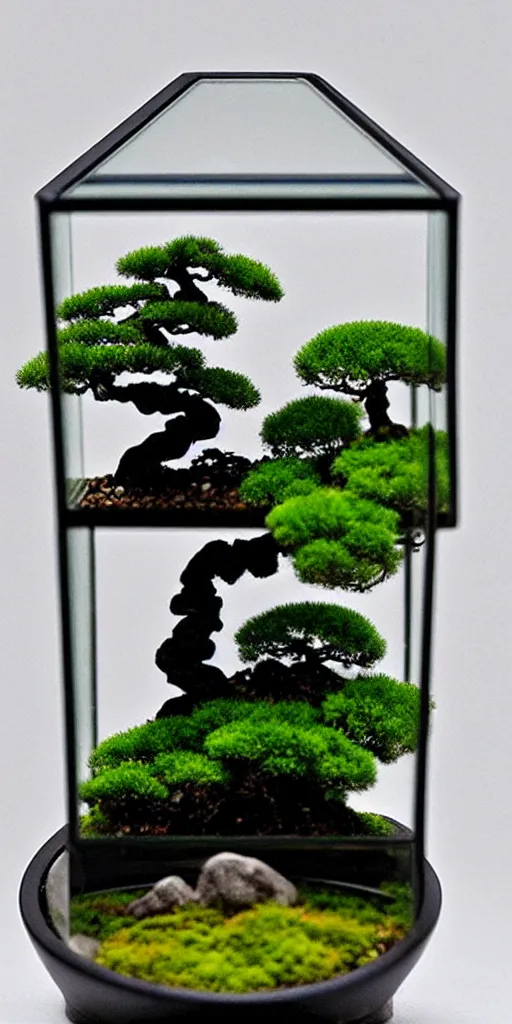 Image similar to a terrarium with bonsai miniature japanese's town minimalist table, lit from the side