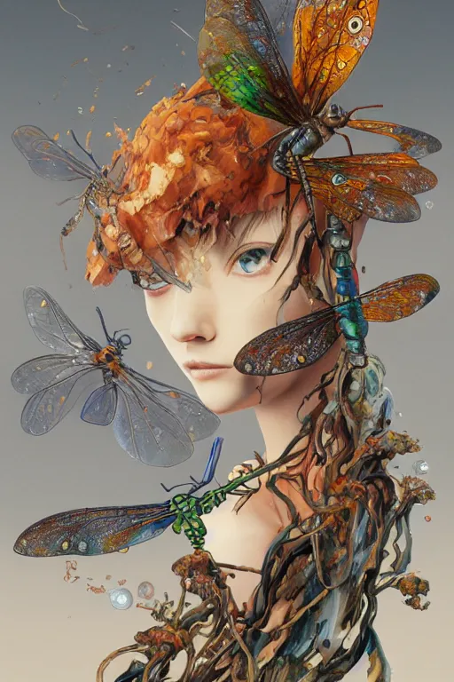 Image similar to surreal gouache painting, by yoshitaka amano, by ruan jia, by Conrad roset, by good smile company, detailed anime 3d render of big transparent amber stone with a magical eletric dragonfly inside. dragonfly inside an amber stone, amber stone on the Dj mixer portrait, cgsociety, artstation, rococo mechanical and Digital and electronic, dieselpunk atmosphere