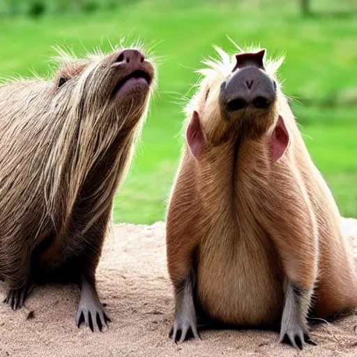 Image similar to two long haired capybara cuddle a pig