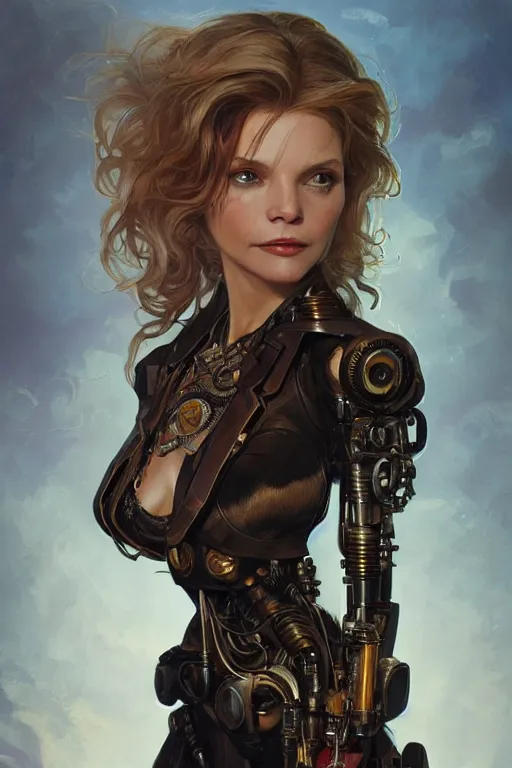 Prompt: young michelle pfeiffer as a steampunk cyborg, portrait, western, steampunk, duster, fantasy, intricate, elegant, highly detailed, digital painting, artstation, concept art, sharp focus, illustration, art by artgerm and greg rutkowski and alphonse mucha