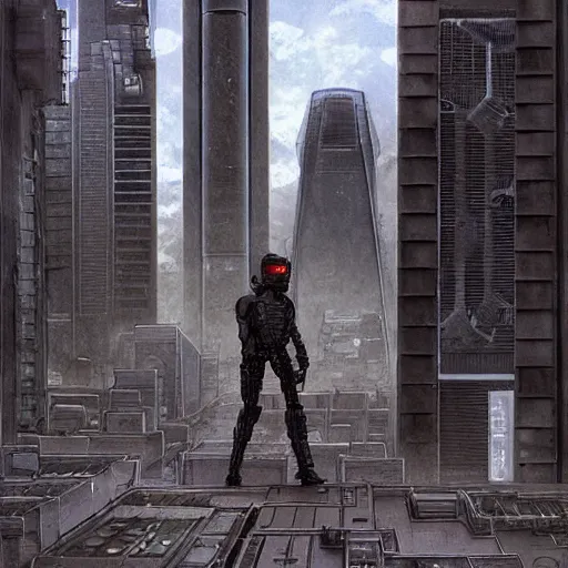 Image similar to “The plaza around the base of the megabuilding was being patrolled by Robocop ED-209. The tower was made of solid black metal and stone. Anime background artwork in the style of Akira. 2077 photo mode by Marc Simonetti, artwork by Ted Nasmith, Ted Nasmith and Marc Simonetti, 8K, D&D concept art, 2077 wallpaper”