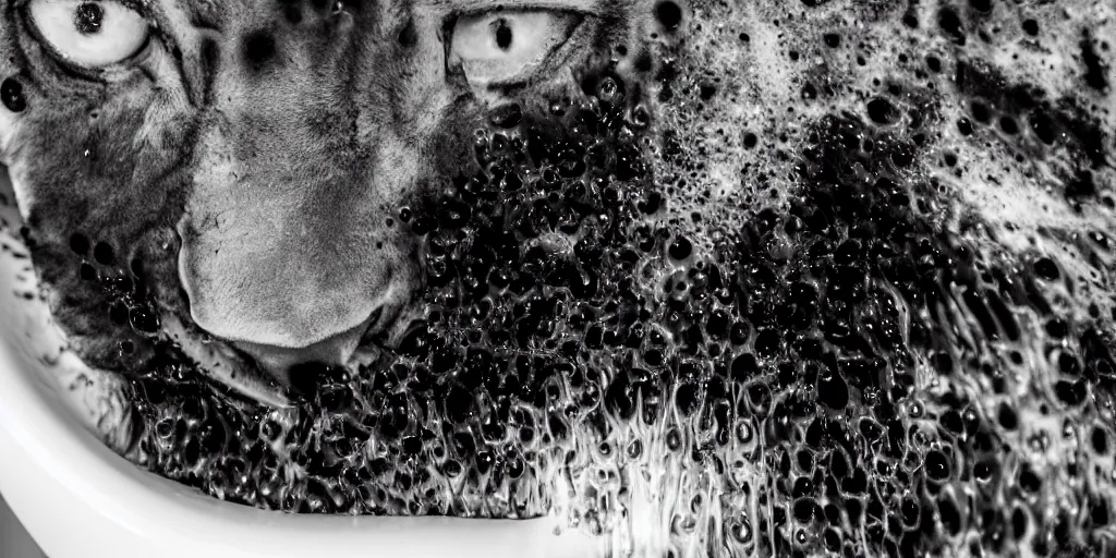 Image similar to a lioness made of ferrofluid bathing inside the bathtub full of ferrofluid at the photography studio, covered in dripping ferrofluid. dslr, wrinkles, ferrofluid, photography, realism, animal photography