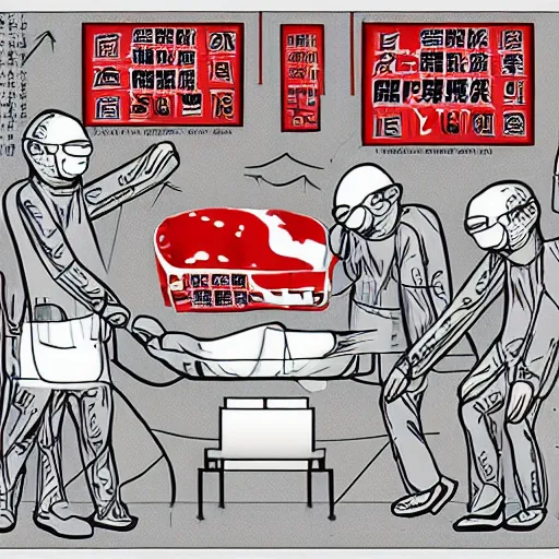 Image similar to chinese surgeons operating on a body, organ harvesting, in the style of daniel johnston and outsider art, 8k, line brush, overlaid with chinese adverts