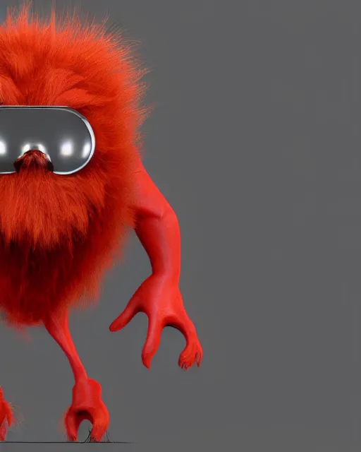 Image similar to 3 d render of completely red hairy friendly antropomorphic cartoony creature wearing chrome shades, without nose, full body, simple, cute, white background, unreal engine 5, octane render, highly detailed hdr