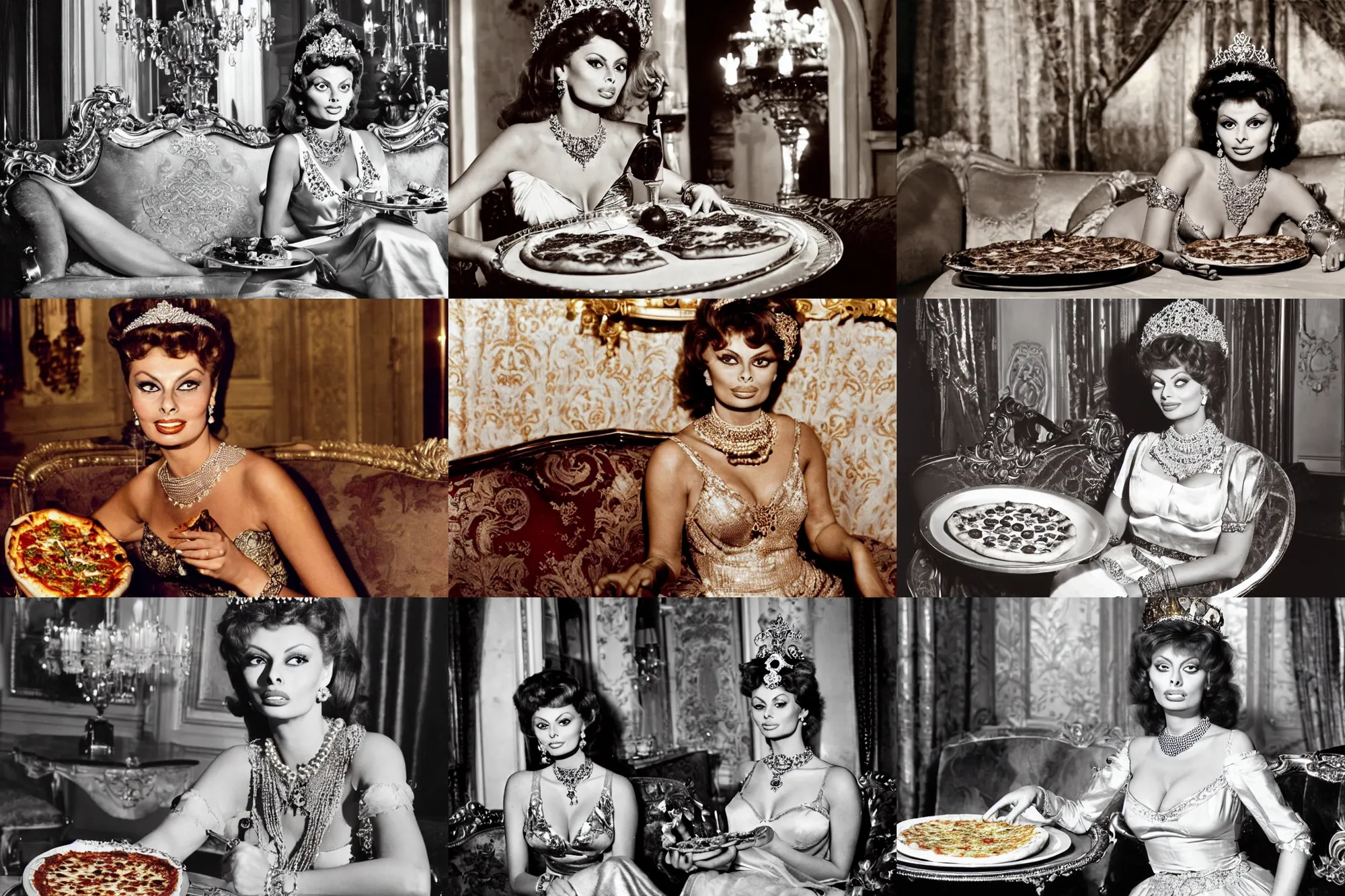 Prompt: high quality photo of young sophia loren having pizza served on a silver platter, relaxed pose on antique luxury sofa, intricate ornamented tiara, opulent pearl necklace, laced dress, golden lighting, perfectly lit face, golden ratio, symmetrical details, sharp focus