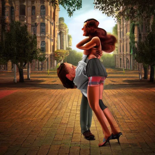 Prompt: a giantess man with a giant woman dancing together, enormous, big, by enoch bolles, 3 d render, digital art, trees, houses, buildings, street, hearts