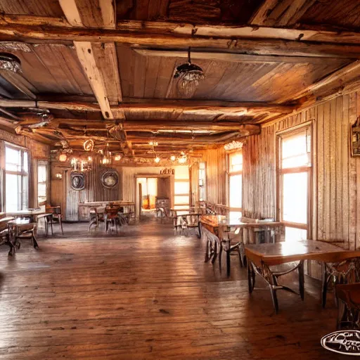 Image similar to Empty Old West Saloon at the break of day, Rococo style