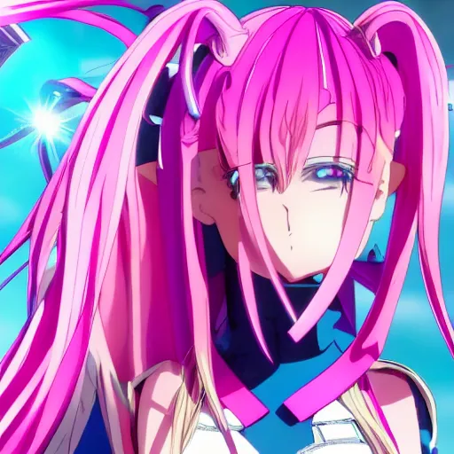 Image similar to viewed from frog's perspective, stunningly beautiful omnipotent megalomaniacal anime goddess with extremely bright glowing porcelain skin, pink twintail hair and mesmerizing cyan eyes, symmetrical perfect face smiling in a mischievous, devious and haughty way while looking down upon the viewer, mid view, hyperdetailed, 2 d, 8 k