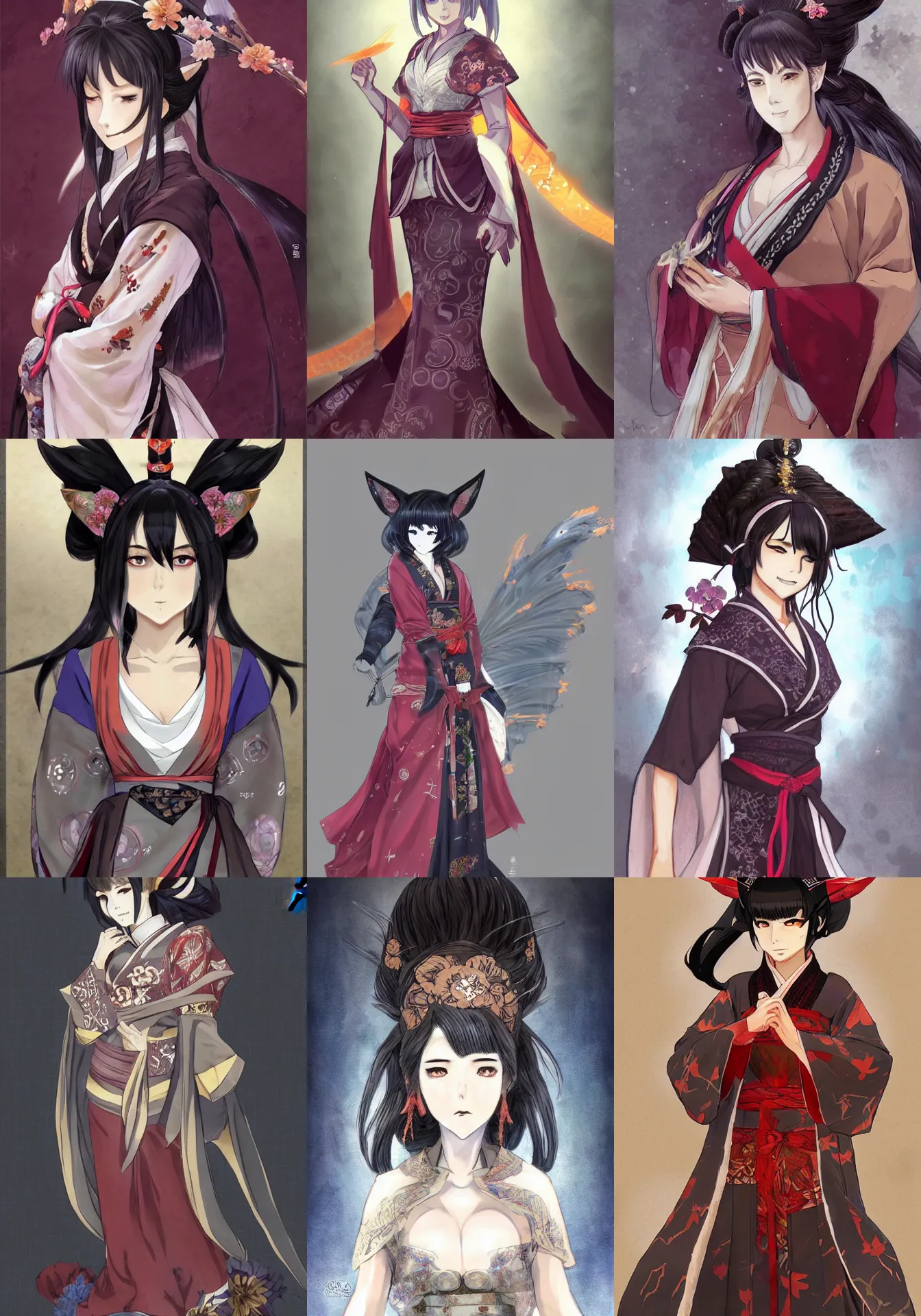 Prompt: A anime full-body character concept art portrait of Ssunbiki as a beautiful older kitsune woman with dark hime cut hair wearing a kimono from Skyrim, by Stanley Artgerm Lau, WLOP, Rossdraws, James Jean, Andrei Riabovitchev, Marc Simonetti, and Sakimichan, trending on artstation