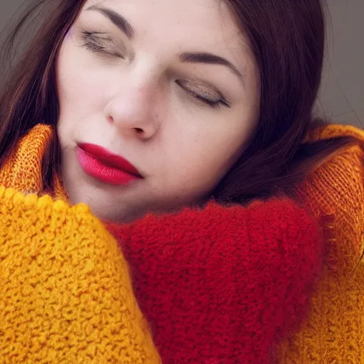 Image similar to a cozy photo of a woman. red yellow.