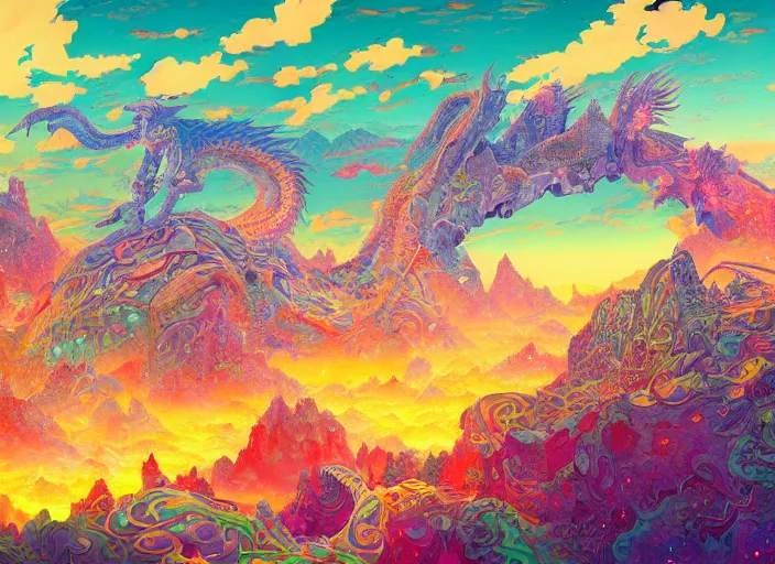 Image similar to psychedelic concept art painting of a dragon landscape made of thousands of dragons, cel shaded, in the style of makoto shinkai and moebius and peter mohrbacher and anton fadeev