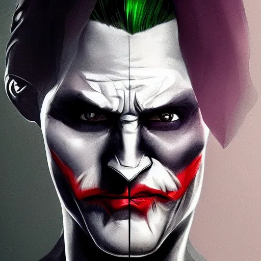 Image similar to half Batman half joker face, digital painting, amazing detail, artstation, cgsociety