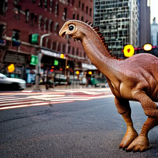 Image similar to realistic photograph of a parasaurolophus in the middle of a busy street new york, depth of field, macro photography