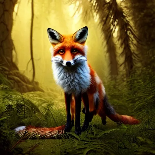 Prompt: fox in a forest with a snakeskin tail, ultra realistic, concept art, intricate details, eerie, highly detailed, photorealistic, octane render, 8k, unreal engine, art by artgerm and Blaz Porenta