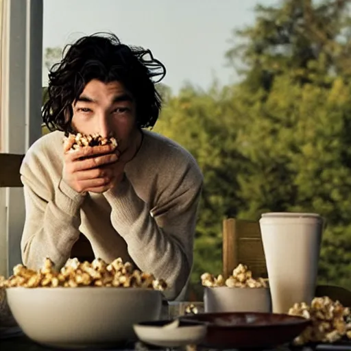 Image similar to photo of ezra miller as flash eating popcorn, national geographic, morning, daylight