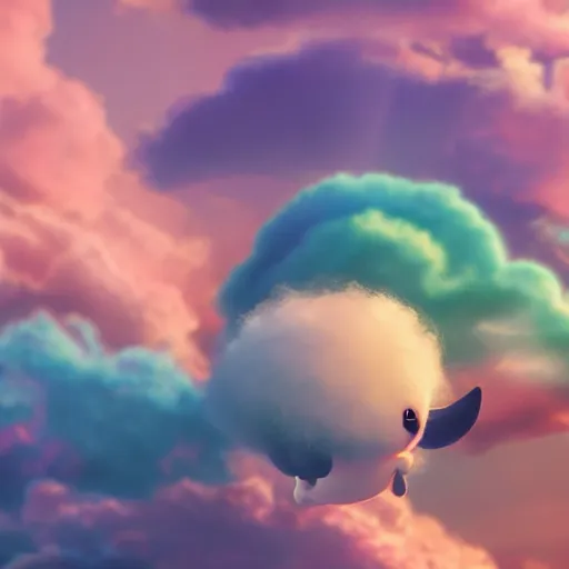 Image similar to cutest tiny fantasy cloud animal, with sprouting rainbow hair, hd, japanese anime artist drawn, dlsr, dream animal cute eyes, trending on artstation, cotton candy, octane render, cinematic