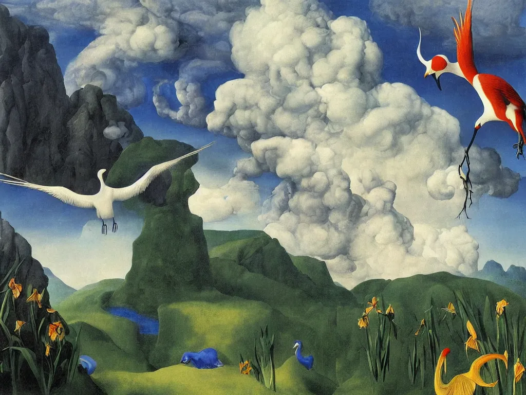 Prompt: albino mystic, with his back turned, looking at a storm over over the mountains in the distance, with beautiful exotic crane and iris flower. Painting by Jan van Eyck, Audubon, Rene Magritte, Agnes Pelton, Max Ernst, Walton Ford