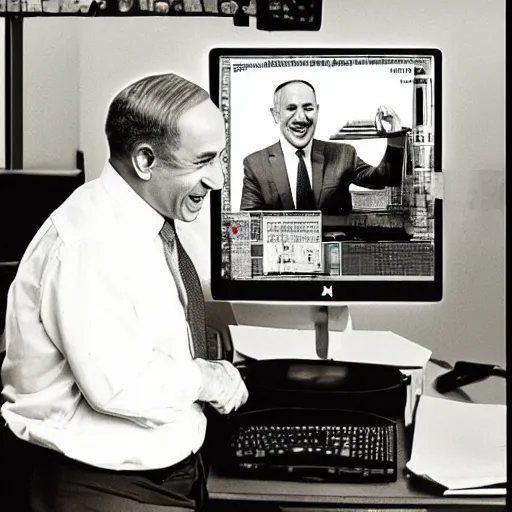 Prompt: benjamin netanyahu laughing and pointing at computer monitor, in office, by norman rockwell