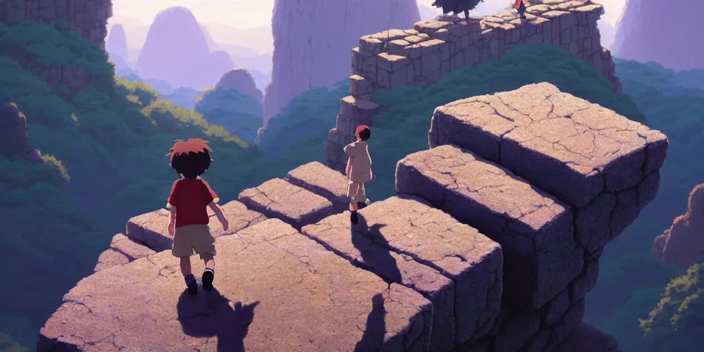 Prompt: a small boy walking over big stone blocks, just over the precipice, studio ghibli, pixar and disney animation, sharp, rendered in unreal engine 5, anime key art by greg rutkowski, bloom, dramatic lighting