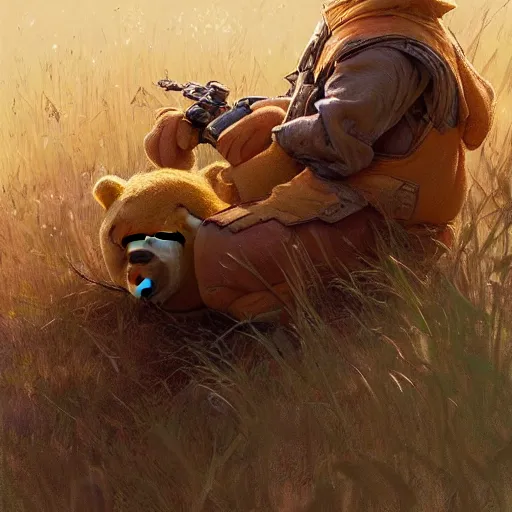 Prompt: Winnie the Pooh, battle-worn, highly detailed, digital painting, artstation, concept art, sharp focus, illustration, art by artgerm and greg rutkowski and alphonse mucha,