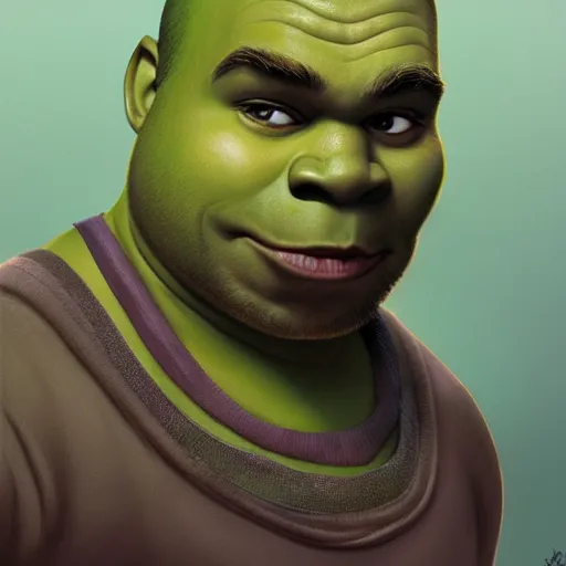 Image similar to shrek as kanye west, brown skin, highly detailed, digital painting, artstation, concept art, smooth, sharp focus, illustration, art by artgerm and greg rutkowski and alphonse mucha