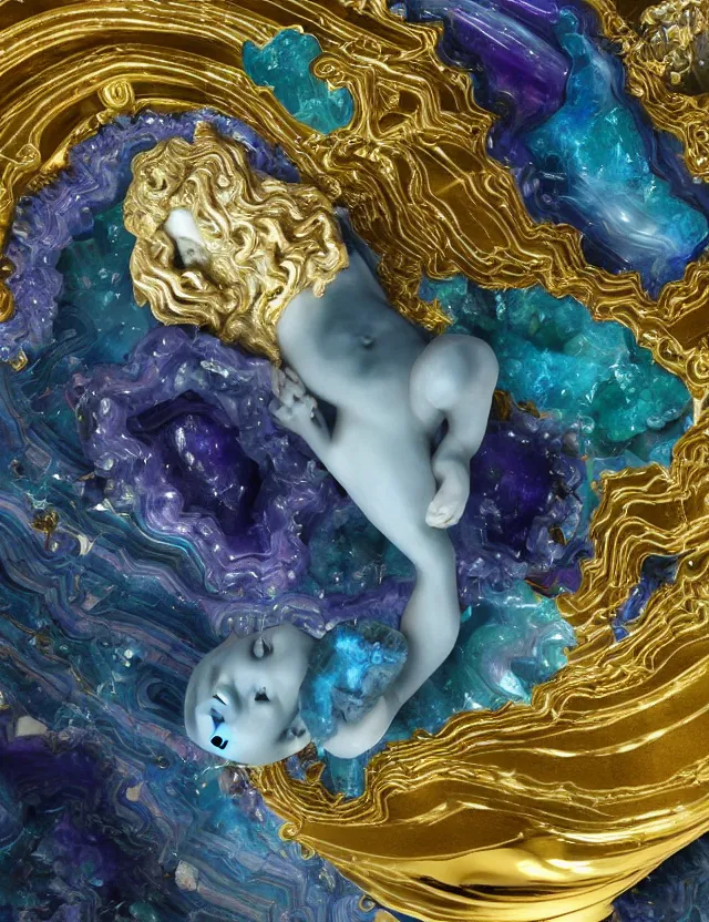 Image similar to a sculpture of a winged child made from blue and emerald and amethyst crystal geode formations with flowing marble water with obsidian base with liquid gold tendrils flowing by carlo maria mariani by stanisław szukalski, tesseract!!!, octane render, byzantine, spirals, elestial crystals, geode,