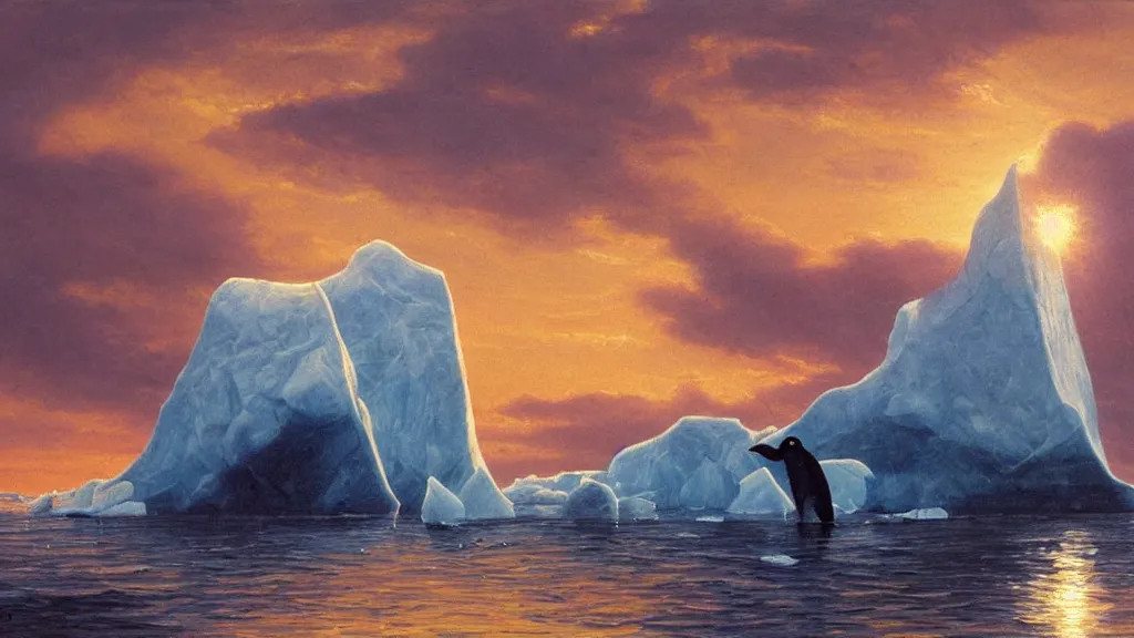 Prompt: the most beautiful panoramic landscape, oil painting, where a giant iceberg is lost in middle of the artic ocean, a giant penguin is exhaling steam while walking over the iceberg, there is nothing else, the artic ocean is reflecting the giant penguin over the iceberg and the ray lights of the sunset are brightening him, by greg rutkowski, minimal style,