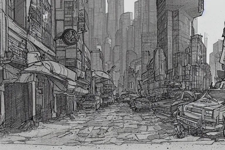 Prompt: a drawing of a post apocalyptic city street, artwork by Moebius