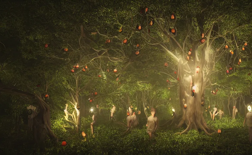 Image similar to a beautiful render of a tree with human heads as fruits in rainforest, big flashlight lighting, intricate detail, hazy, humid, volumetric lighting, god rays, 8 k, photorealistic, raytracing effects, unreal engine 5, terrorific, suspense