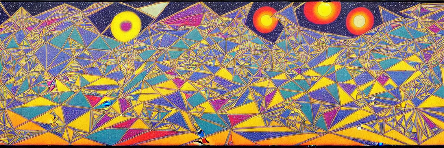 Image similar to landscape scenery, Hyperprism, Geometric, louis wain