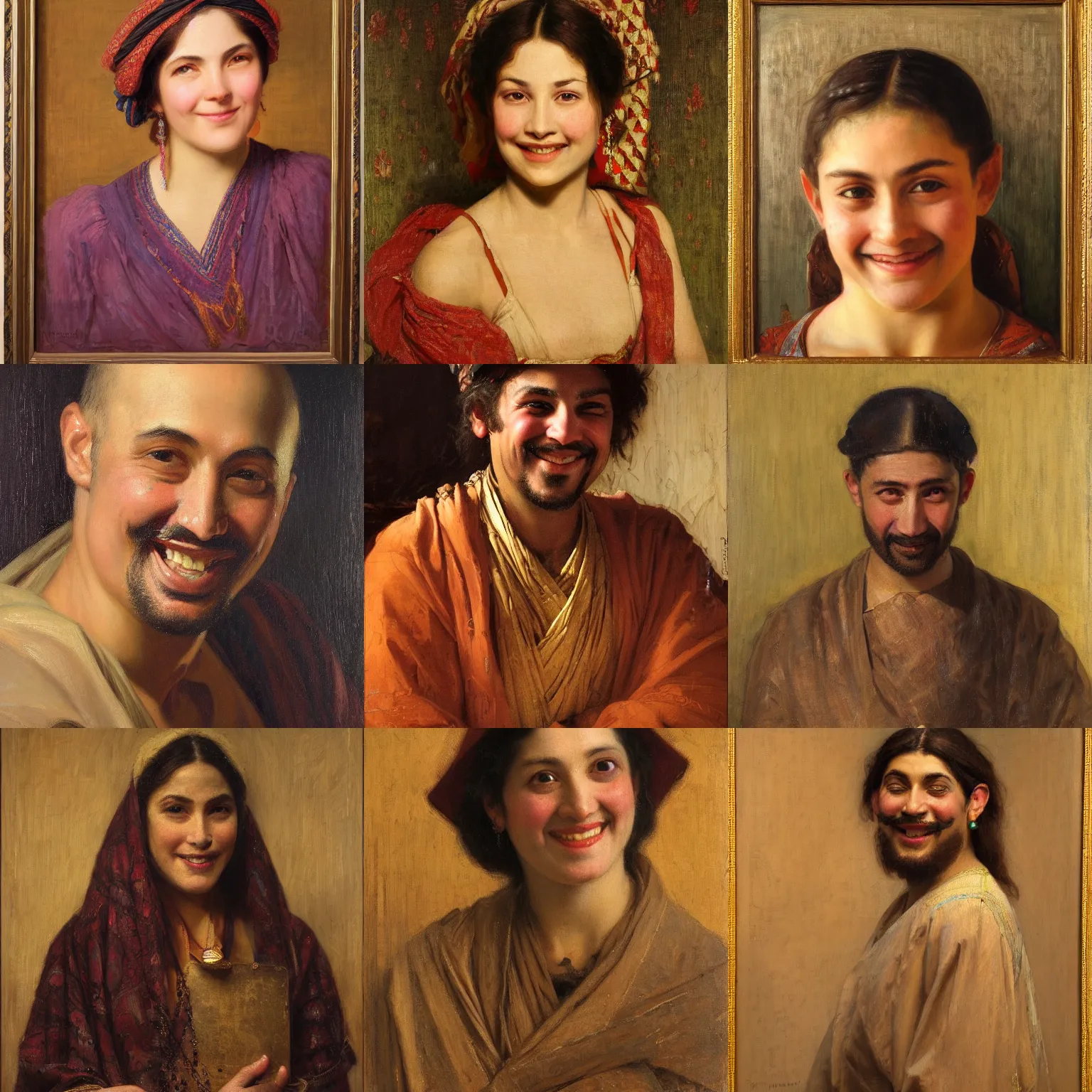 Prompt: orientalism face portrait deranged smile by Edwin Longsden Long and Theodore Ralli and Nasreddine Dinet and Adam Styka, masterful intricate art. Oil on canvas, excellent lighting, high detail 8k