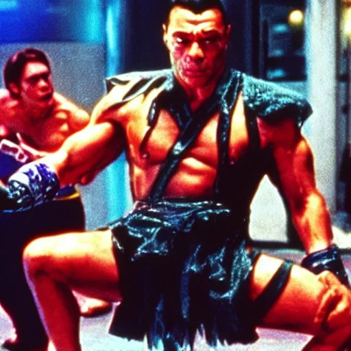 Image similar to movie still, 1 9 8 0 s, van damme as cyberpunk street fighter, hyperdetailed, by ridley scott, john carpenter and vittorio storaro, blue leds