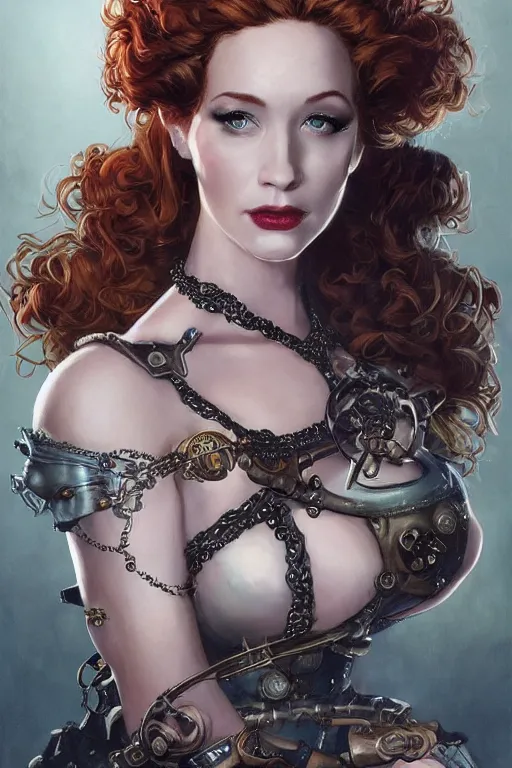 Prompt: three-quarters pose portrait of Christina Hendricks as a sensual Lady Mechanika, very beautiful young woman, ginger wavy hair, Victorian-era push-up underwire. Intricate, steampunk imagery themed, D&D!, fantasy style, sharp focus!, ultra detailed, art by Artgerm and Peter Andrew Jones, WLUP