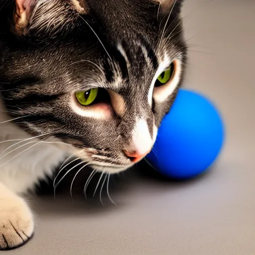 Prompt: a cat playing with a blue ball, XF IQ4, 150MP, 50mm, f/1.4, ISO 200, 1/160s, natural light, Adobe Photoshop, Adobe Lightroom, DxO Photolab, Corel PaintShop Pro, rule of thirds, symmetrical balance, depth layering, polarizing filter, Sense of Depth, AI enhanced