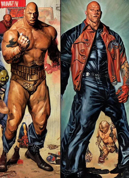 Image similar to full body and head portrait of martyn ford wearing a trench coat vs dave bautista as juggernaut, painted by norman rockwell and phil hale and greg staples and tom lovell and frank schoonover and jack kirby