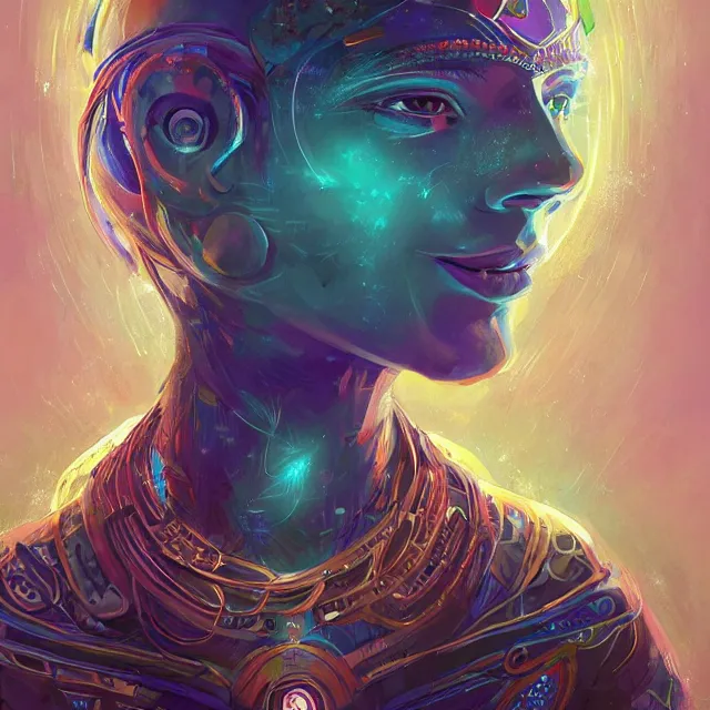 Image similar to one centered screen portrait of a future metaverse ayahuasca tech shaman warrior, 2 d cartoon, visionary art, symmetric, magick symbols, holy halo, shipibo patterns, sci - fi, concept art, trending on art station, 8 k digital art, by mandy jurgens, fantasy portrait art, anime