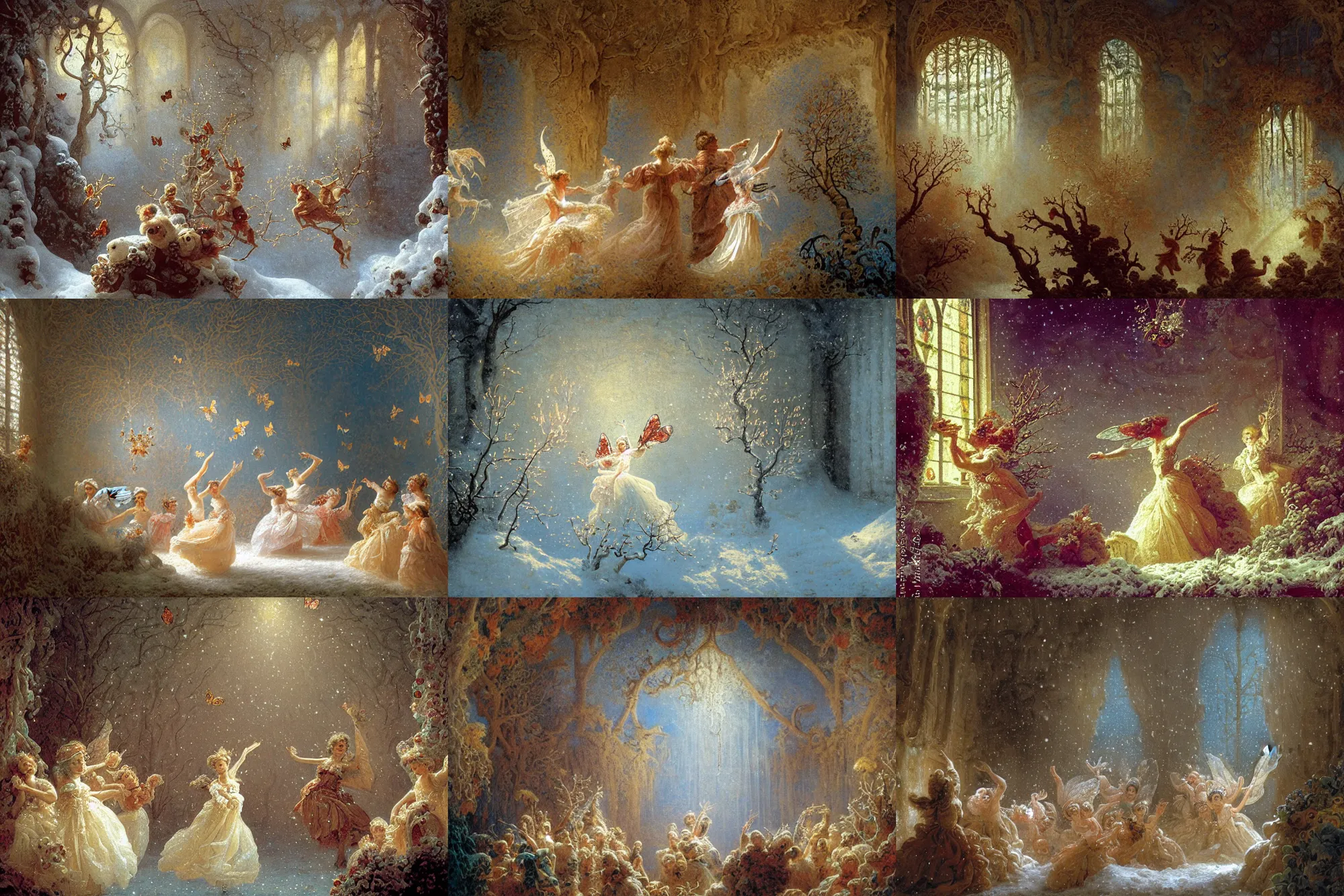 Prompt: polovstian dances and chorus, tiny faeries, butterflies, dry trees, winter blue drapery, very light snow, sunlight from a stainedglass window, icicles, stoic, light dust, magnificent, hyperdetailed, theatrical, close up, masterpiece, painted by jean honore fragonard and greg rutkowski