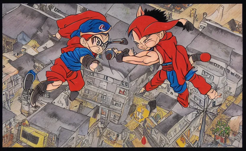 Prompt: a boy fighting a wolf on the edge of a clocktower, by akira toriyama gouache, print