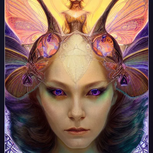 Image similar to beautiful closeup portrait of an art moderne fairy queen, glowing eyes. reflective detailed textures, moth wings, highly detailed dark fantasy science fiction painting by donato giancola and peter mohrbacher and nicholas roerich, elaborate geometric ornament, ancient runes, silver and cool colors. artstation