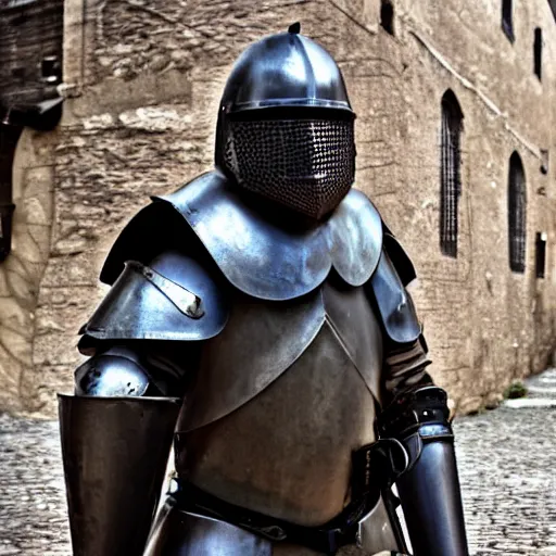 Prompt: Aging knight in black plate armor stands alone in empty alley, no helmet, grey hair, Dungeons and Dragons, character portrait, highly detailed