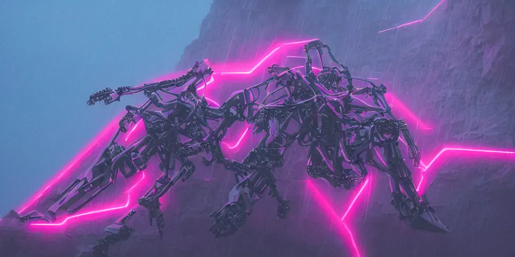 Prompt: a neon pink humanoid MECHA with biomechanical powered exoskeleton, many wires and gears, climbing up an ocean cliff during a rain storm sunrise