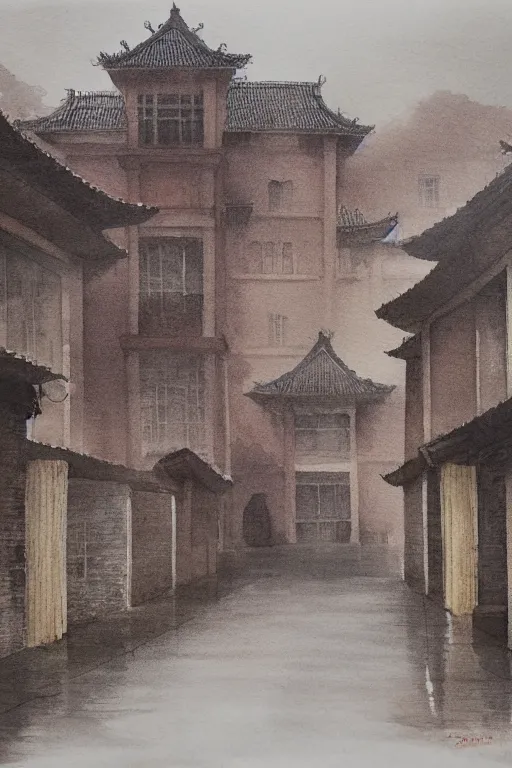 Prompt: A watercolor of Wukang Mansion, a deserted street after rain, cloudy overcast sky, poignant, high contrast of light and dark, smooth, by Joseph Zbikowicz, 8k