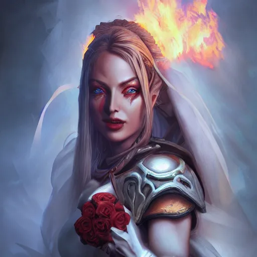 Image similar to hyperrealist portrait of sylvanas windrunner wearing a wedding dress and holding a bouquet of flowers in a burning landscape. by bayard wu, fantasy art, photo realistic, dynamic lighting, trending on artstation, poster, volumetric lighting, very detailed faces, 4 k, award winning