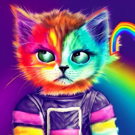 Image similar to wide angle full body, jacket wearing fluffy cute rainbow kitten wearing a black leather motorcycle jacket, concept art