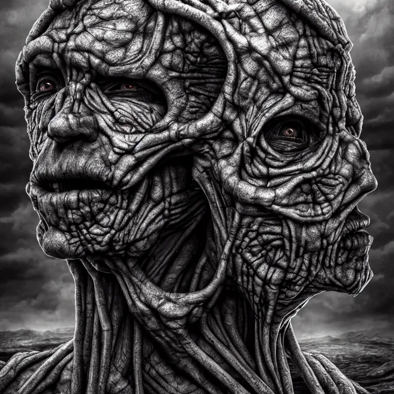 Image similar to ribbed man face portrait, baroque painting, standing in a desolate empty wasteland, creepy, nightmare, dream-like heavy atmosphere, surreal abandoned buildings, beautiful detailed intricate insanely detailed octane render trending on Artstation, 8K artistic photography, photorealistic, chiaroscuro, Raphael, Caravaggio, Beksinski, Giger