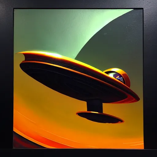 Prompt: a killian eng art deco style sci - fi spaceship, oil on canvas, smooth, sharp focus, vibrant volumetric dark natural light, dark enlightenment, alchemy, citrinitas.