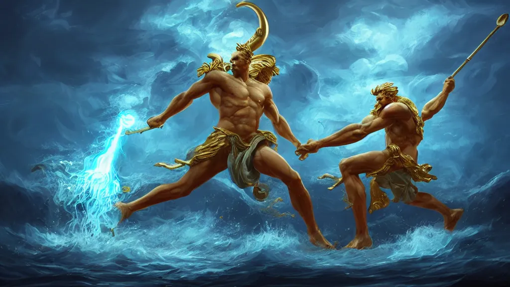 Image similar to Character concept art, Digital Paint, Zeus fighting Poseidon, Character Design, Digital Art, Gold Light, Blue Mist, Divine, Sky, 8K, ornate, Trending on Artstation, in the style of James Jean