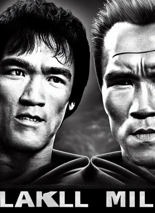 Image similar to Film poster Arnold Schwarzenegger VS Bruce lee , faces look at each other, detailed and realistic, 4k, filmic render