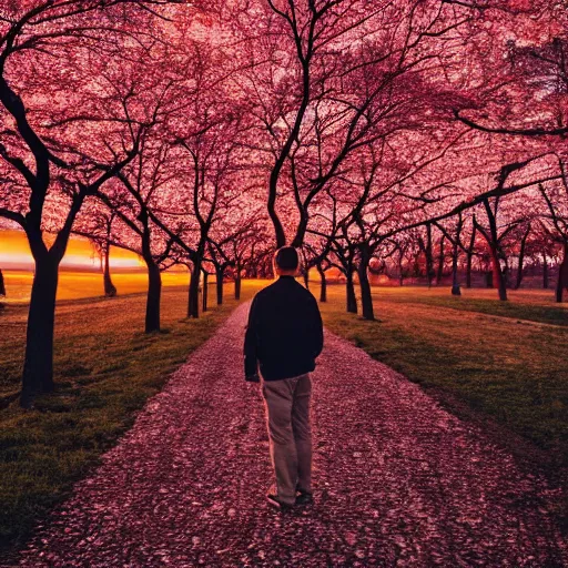 Prompt: man facing the sunset in a beautiful cherry tree forest